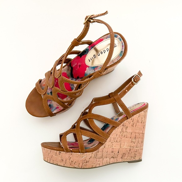 Madden Girl Strappy Brown Faux Leather Cork Platform Wedge Heels Elmaa Cognac - Picture 9 of 9